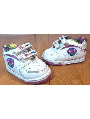 Barney Sneakers Infant Girls sz 2 Leather Floral Tongues VTG '93 Hook Loop Strap